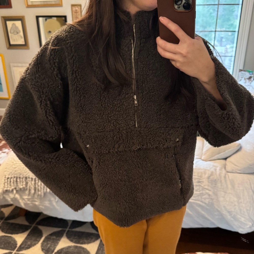 Brown faux fur 3/4 zip pull over